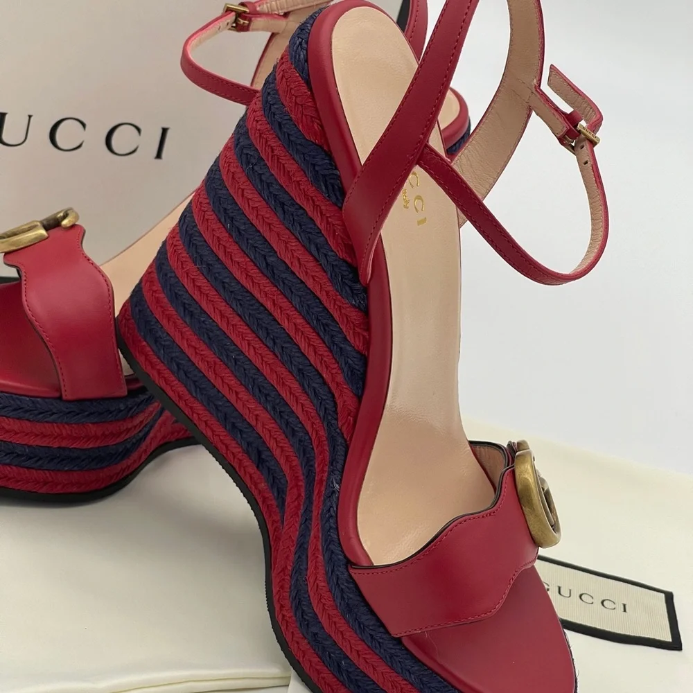 Authentic GUCCI Marmont Double G Leather Espadrille Platform Sandals